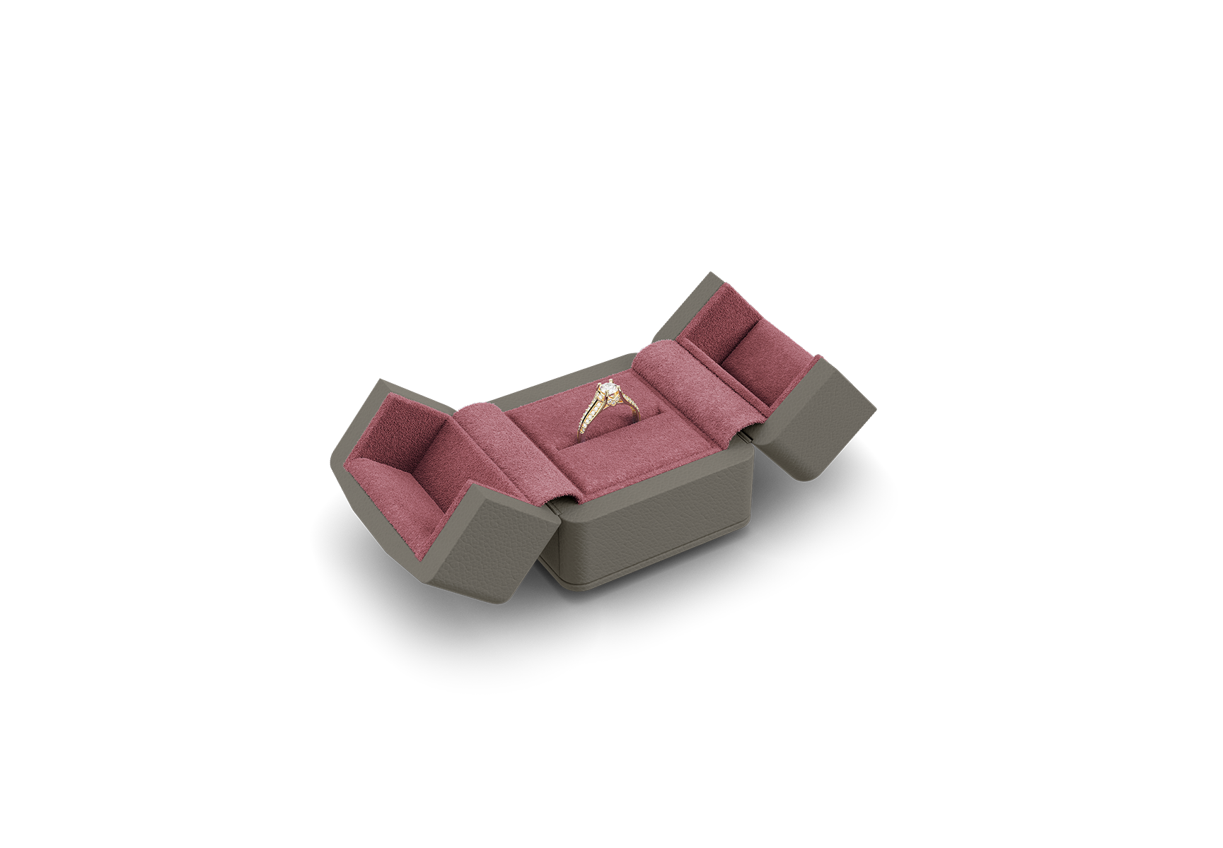 Ring Etui klein offen in Grau und Pink.