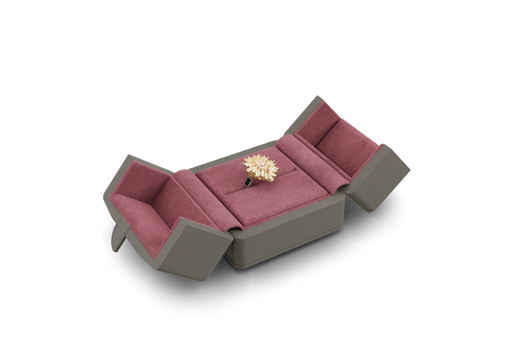 Ring Etui mit Ringbäckchen offen in Grau und Pink.