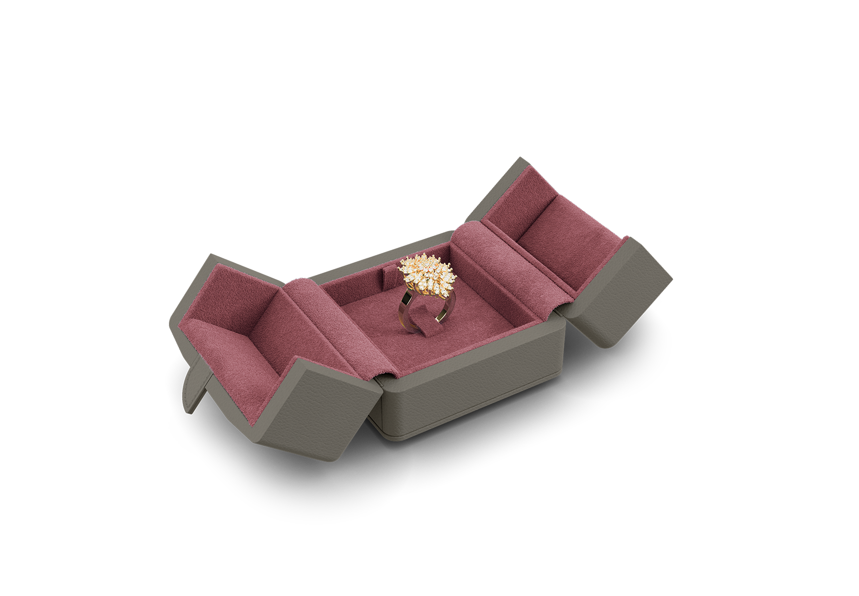 Ring Etui mit Ringzunge offen in Grau und Pink.