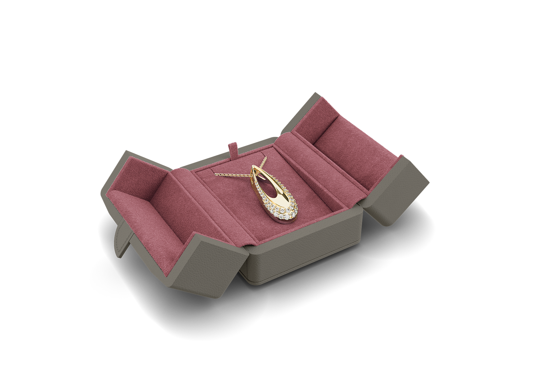 Anhänger Etui offen in Grau und Pink.
