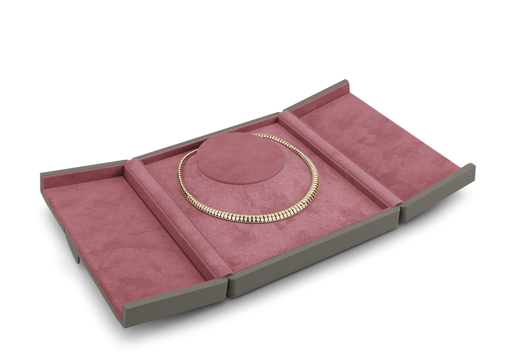 Collier Etui offen in Grau und Pink.