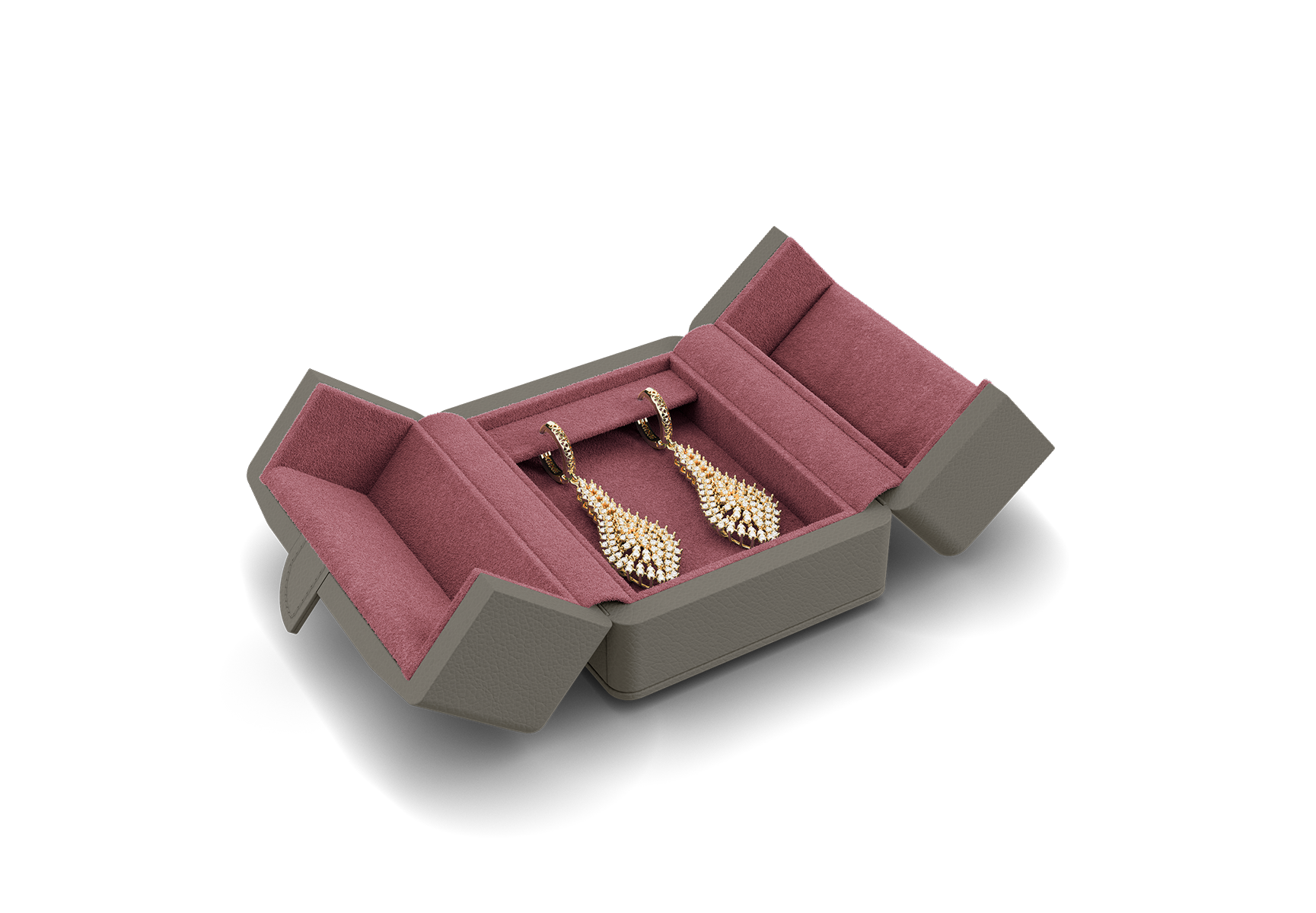 Ohrschmuck Etui groß offen in Grau und Pink.