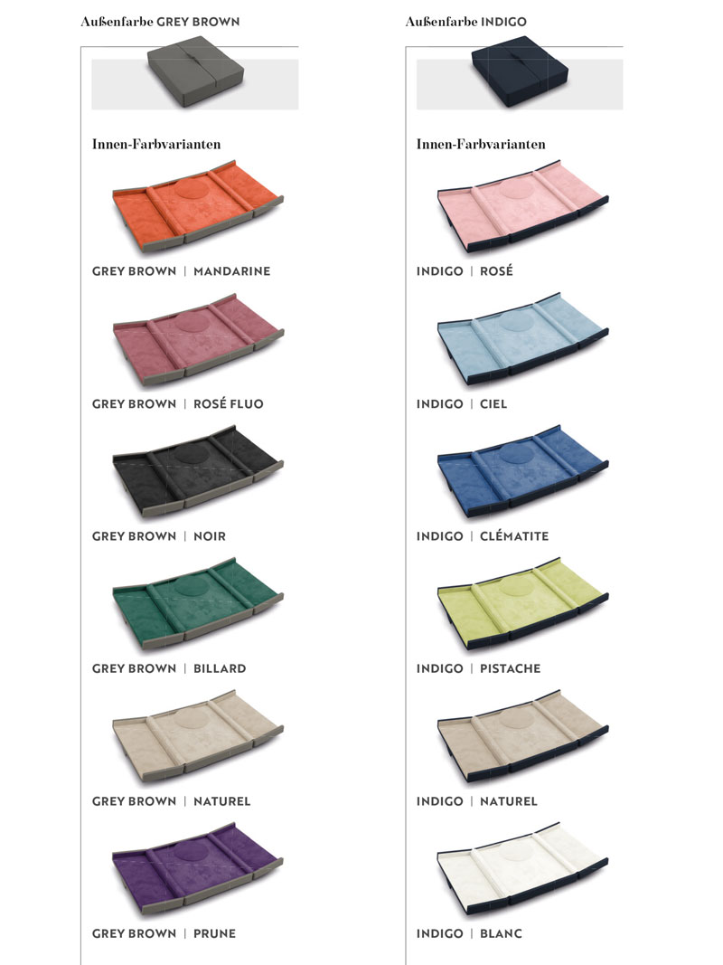 Colour overview of the leather interior of the Fleur de Luxe jewellery cases Grey Brown and Indigo
