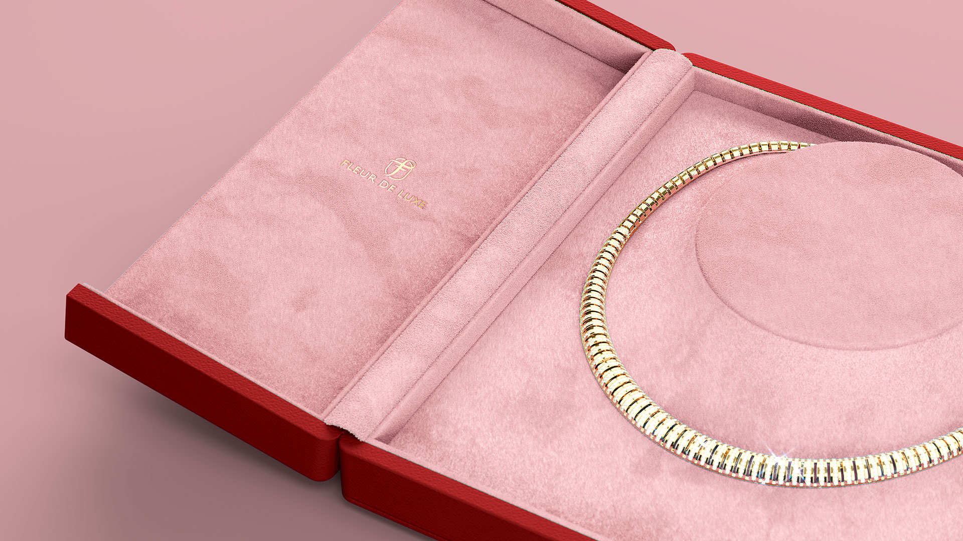 Detail Fleur de Luxe Collieretui mit Veloursleder Büsteneinlage in Lipstick red mit rosé bestückt mit Goldcollier